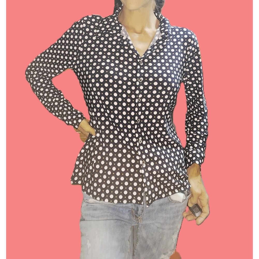 Tommy Hilfiger ~ Navy Blue, Gold & White Polka Dot Button-Up Shirt ~ Small